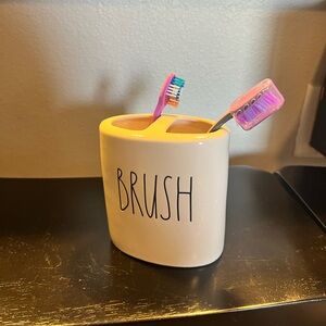 Rae Dunn White Brush Cup with Black Text